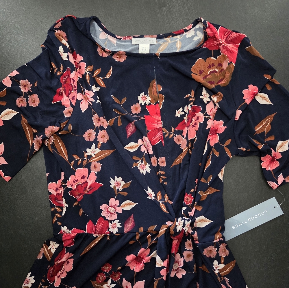 NWT-London Times Navy/Red Floral Elbow Sleeve Side Tie Fit & Flare Midi Dress-14 - Picture 10 of 16